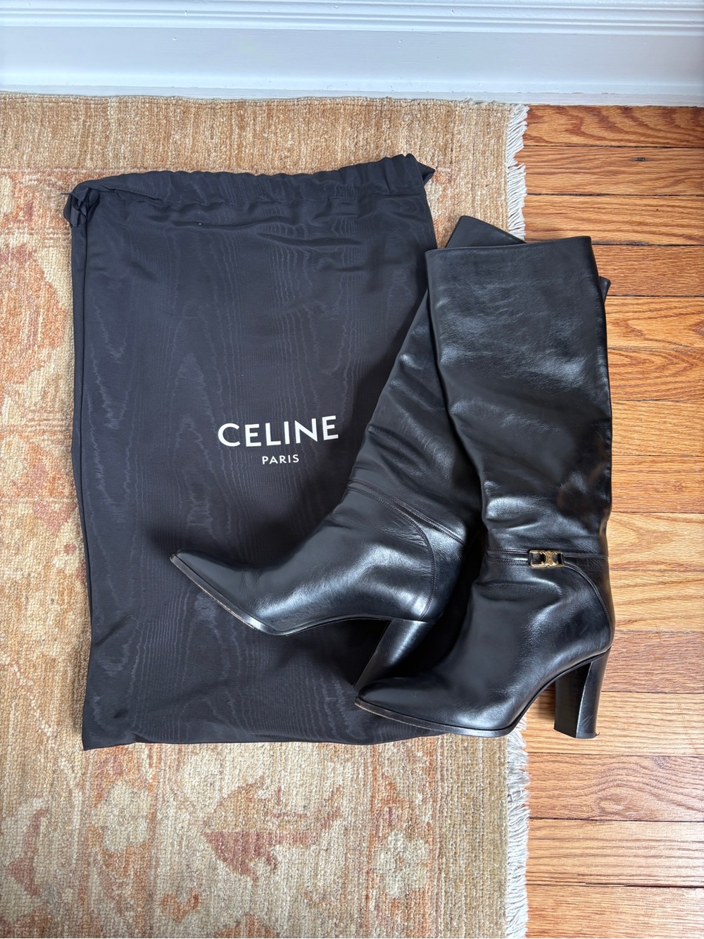 Céline "Claude" Knee-High Boots — Black Leather with Gold Triomphe Hardware 39.5